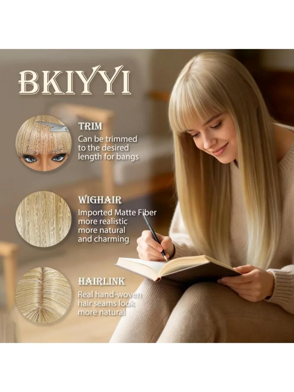 Women's Ash Blonde 24 Inch Heat Resistant Synthetic Long Straight Bangs Wig